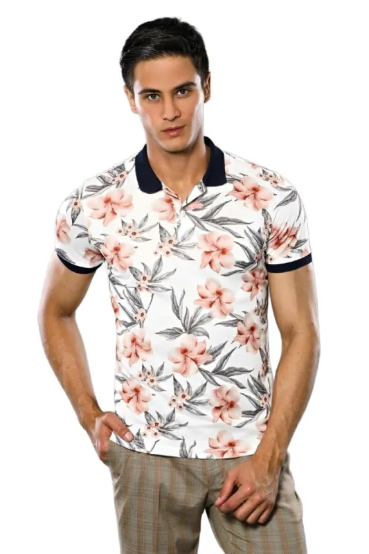 Polo Neck Floral Patterned Men Cream T-Shirt - Wessi sold by Wessi