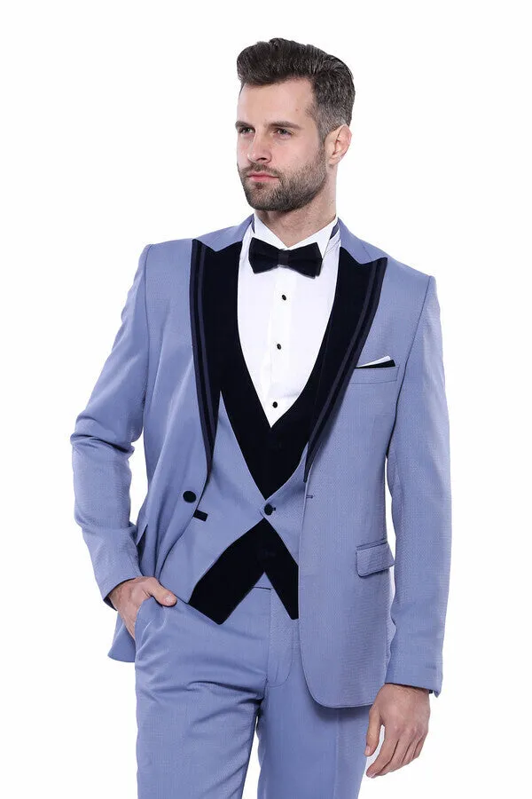 Velvet Collar Patterned Blue Tuxedo | Wessi sold by Wessi