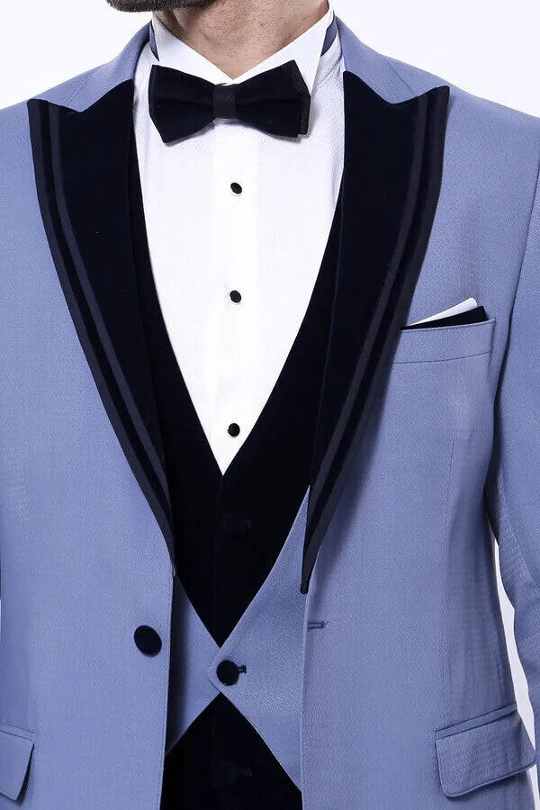 Velvet Collar Patterned Blue Tuxedo | Wessi sold by Wessi product image thumbnail 3