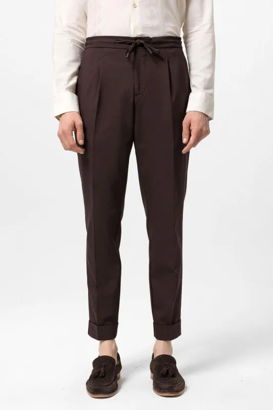 Men's Brown Elastic Waist Pleated Trousers - Wessi sold by Wessi