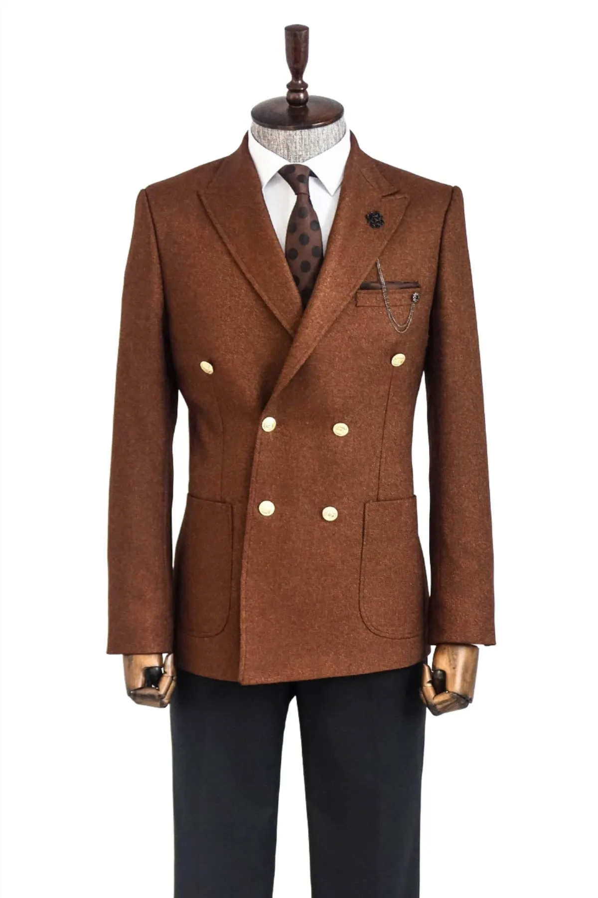 Double Breasted Slim Fit Brown Men Blazer - Wessi sold by Wessi product image thumbnail 3