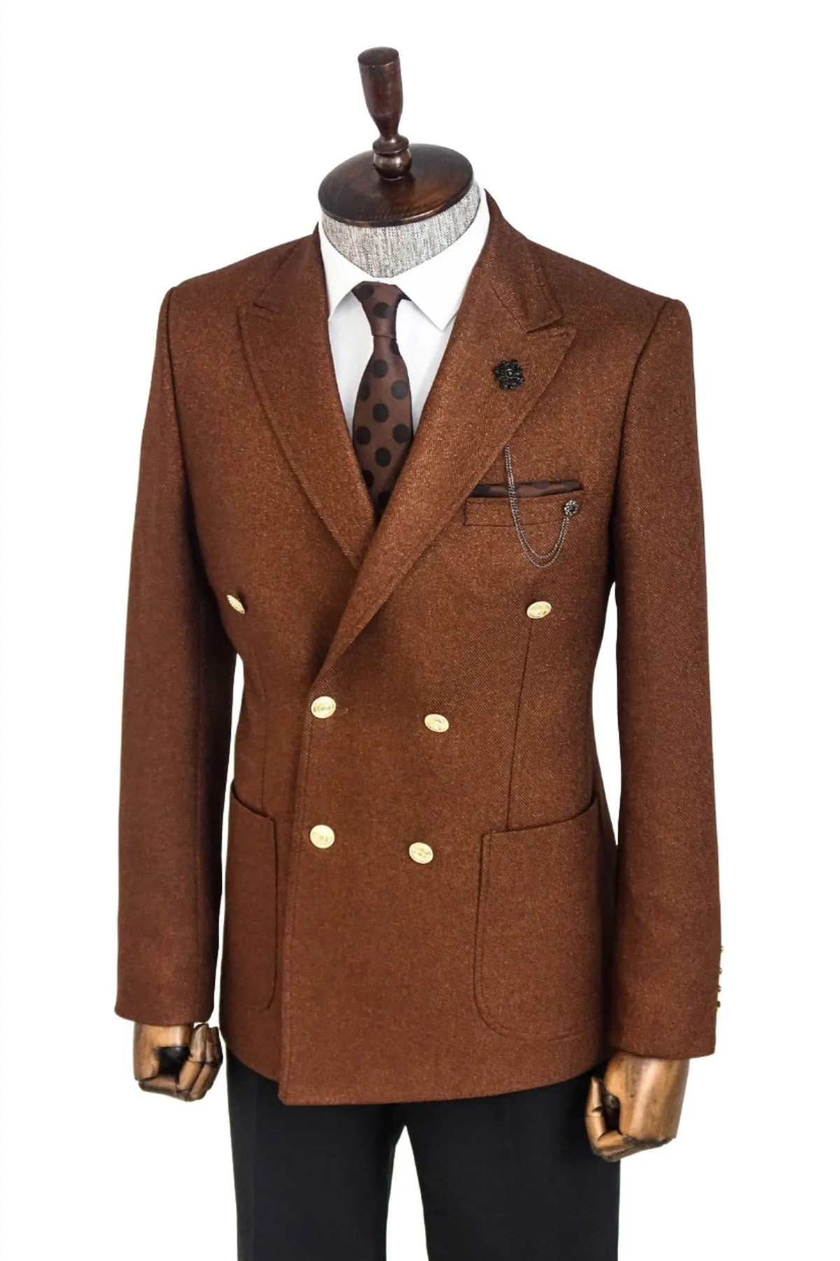 Double Breasted Slim Fit Brown Men Blazer - Wessi sold by Wessi product image thumbnail 4