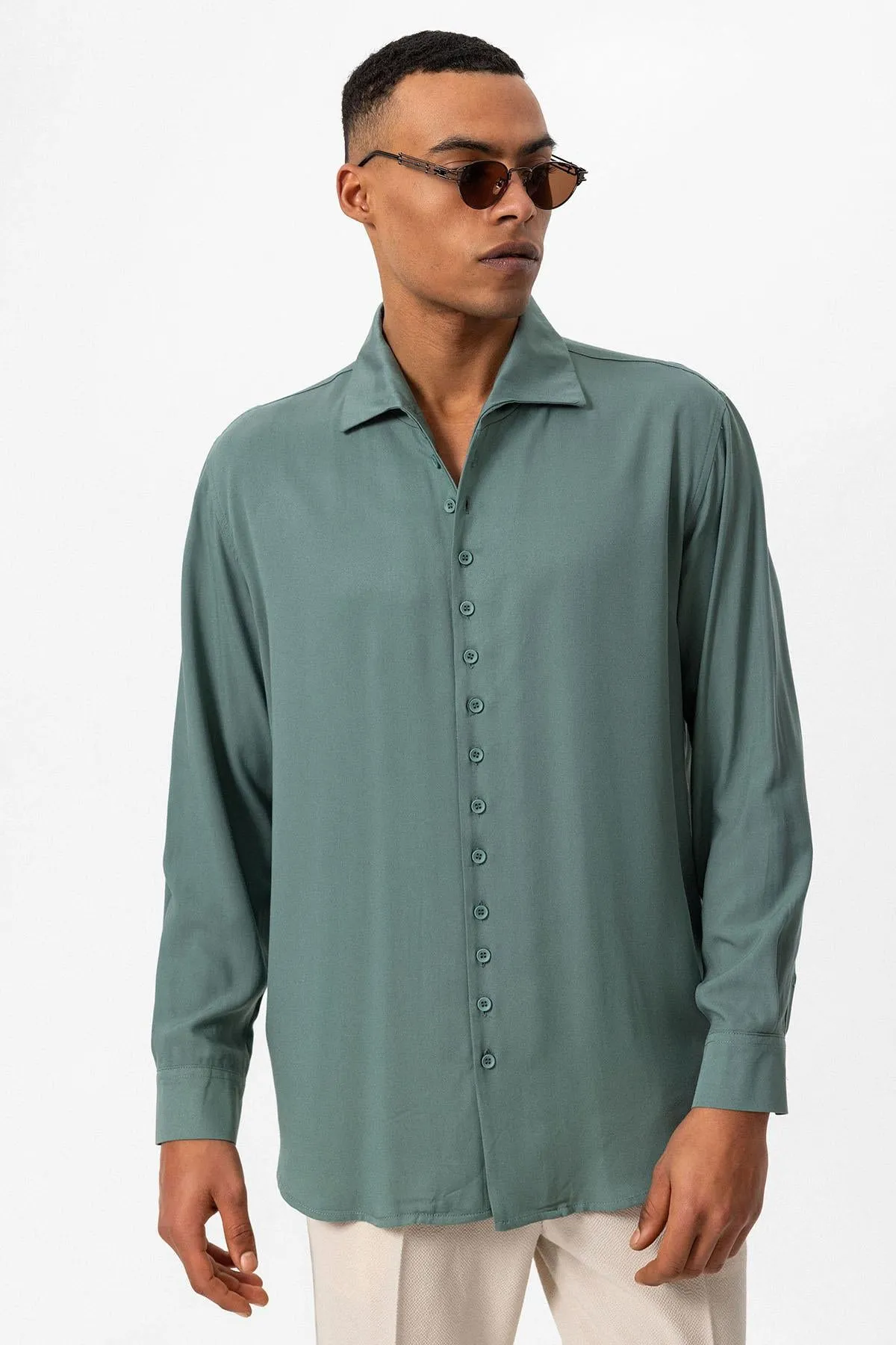 Men's Green Regular Fit Camp Collar Shirt - Wessi sold by Wessi product image thumbnail 3