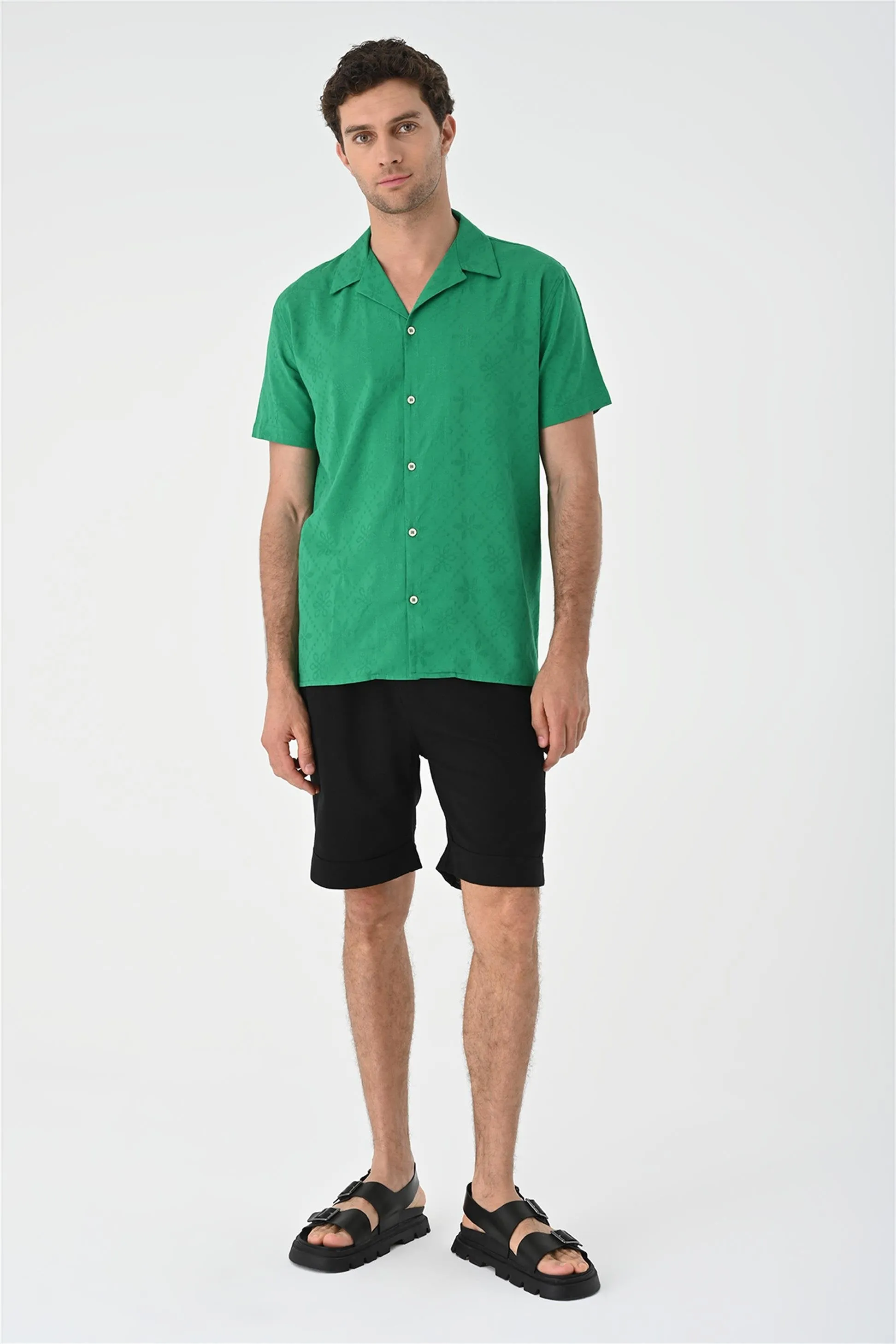 Duck Green Knitted Patterned Men's Shirt with Camp Collar - Wessi sold by Wessi product image thumbnail 2