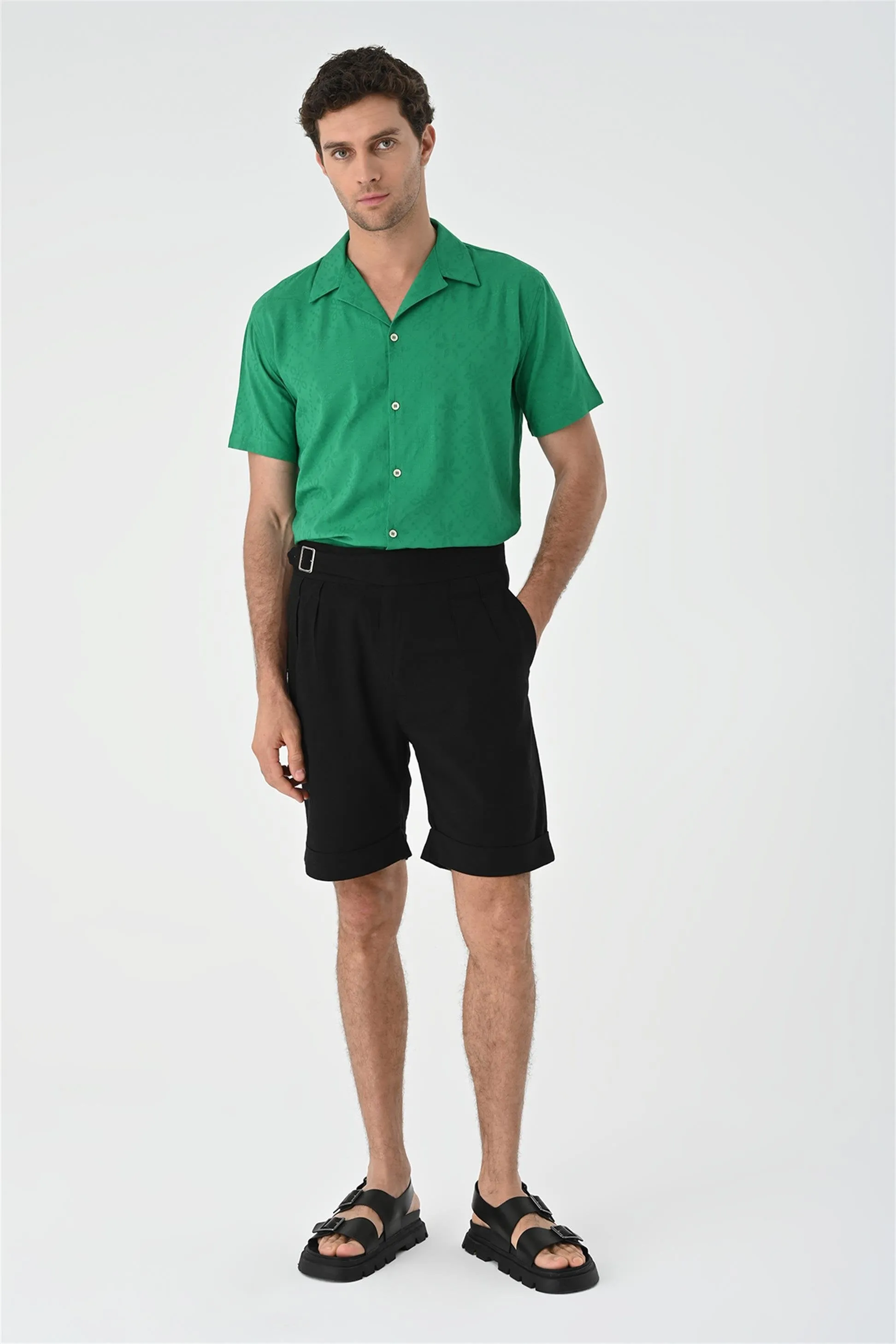 Duck Green Knitted Patterned Men's Shirt with Camp Collar - Wessi sold by Wessi