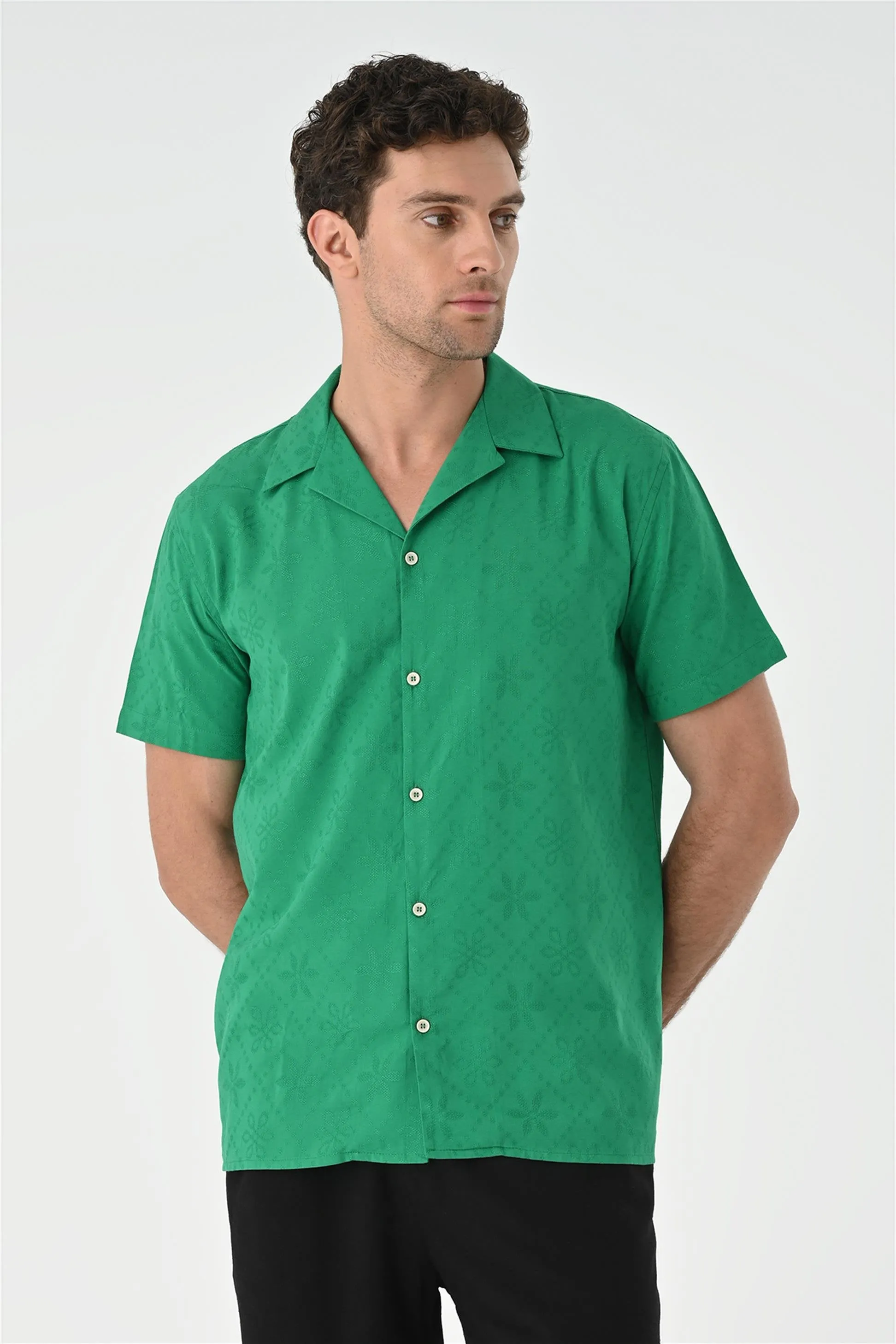 Duck Green Knitted Patterned Men's Shirt with Camp Collar - Wessi sold by Wessi product image thumbnail 4