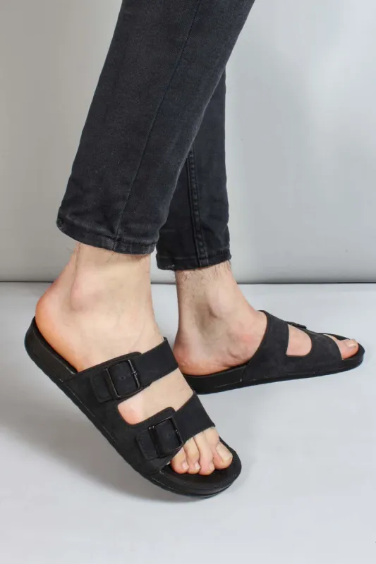 Men's Black Double-Strap Slide Sandals with Adjustable Buckles - Wessi sold by Wessi