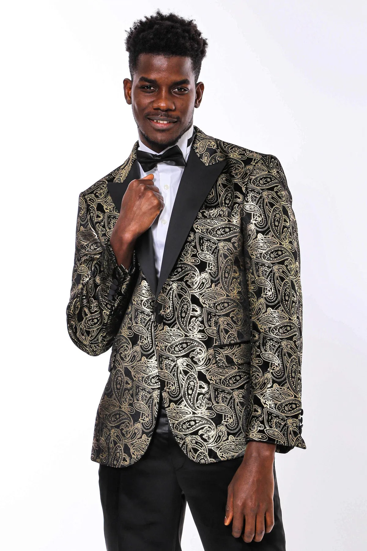 Slim Fit Gold Paisley Patterned Black Men Tuxedo Blazer - Wessi sold by Wessi product image thumbnail 3