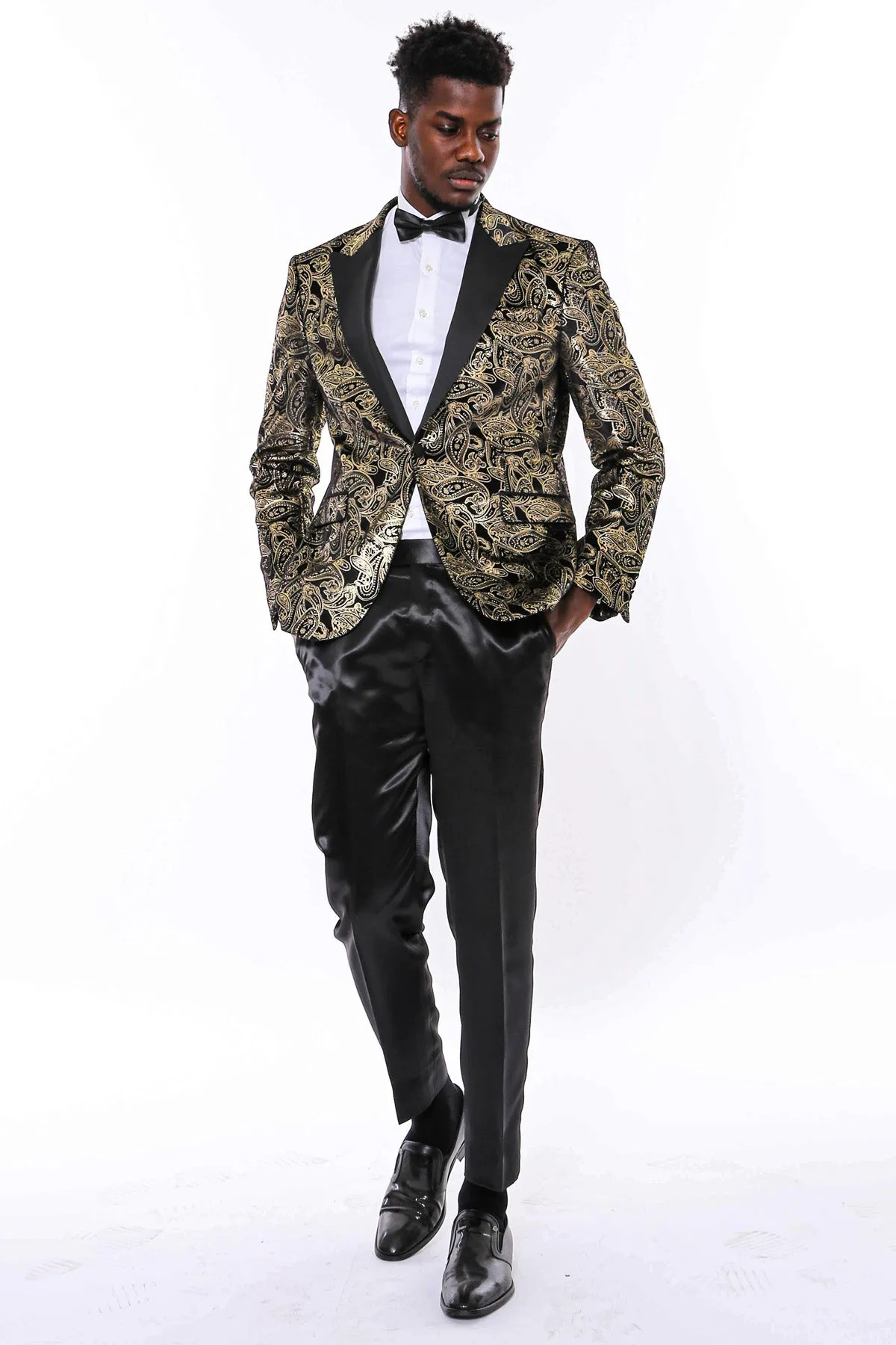 Slim Fit Gold Paisley Patterned Black Men Tuxedo Blazer - Wessi sold by Wessi product image thumbnail 2