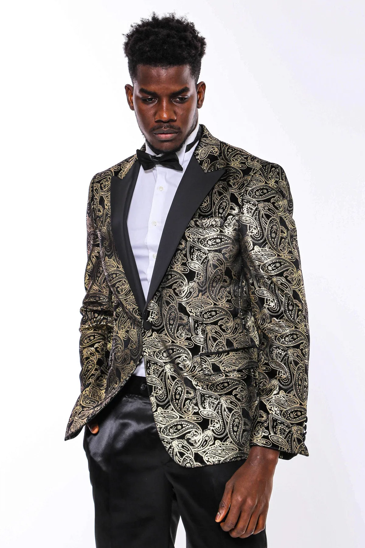 Slim Fit Gold Paisley Patterned Black Men Tuxedo Blazer - Wessi sold by Wessi product image thumbnail 5