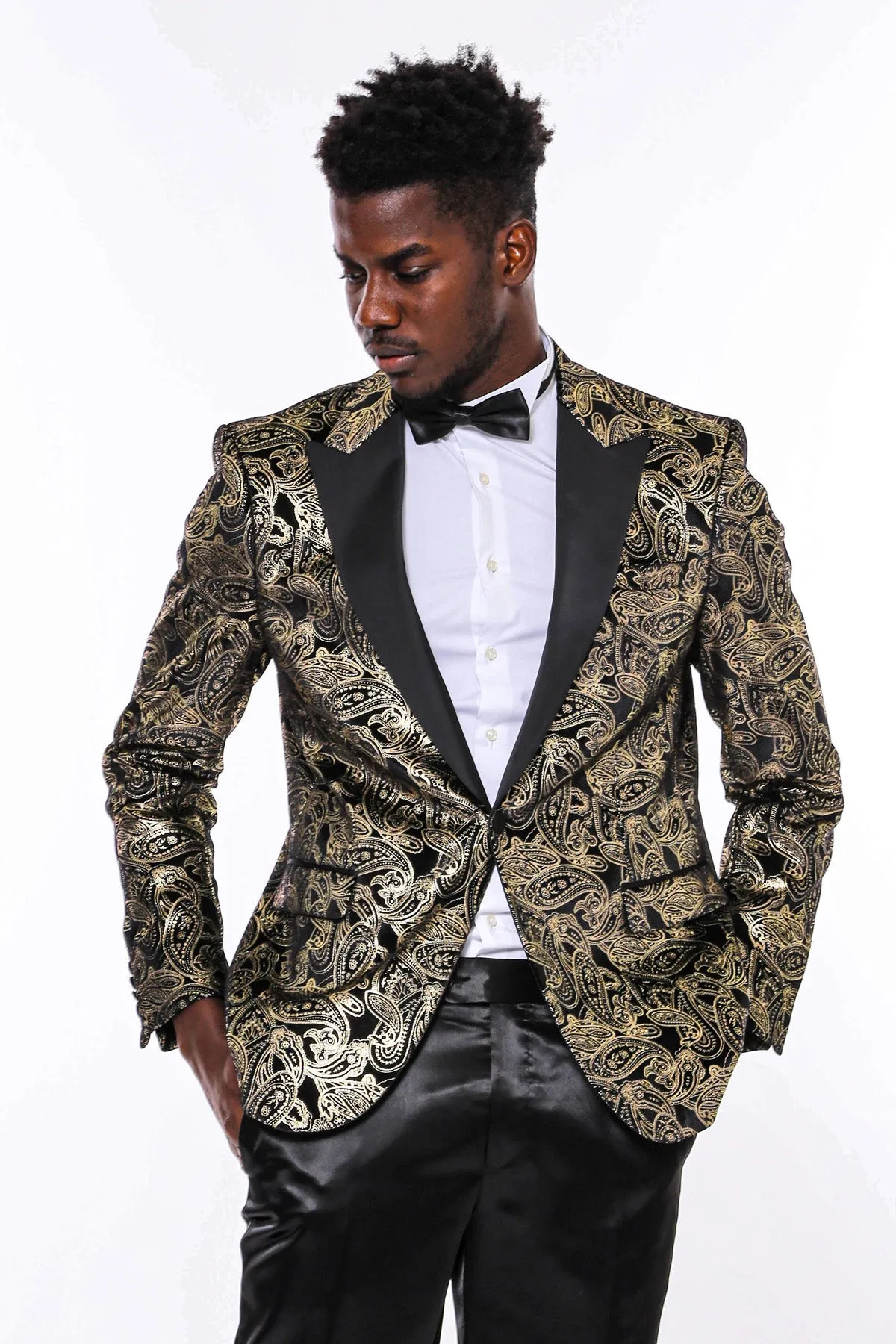 Slim Fit Gold Paisley Patterned Black Men Tuxedo Blazer - Wessi sold by Wessi