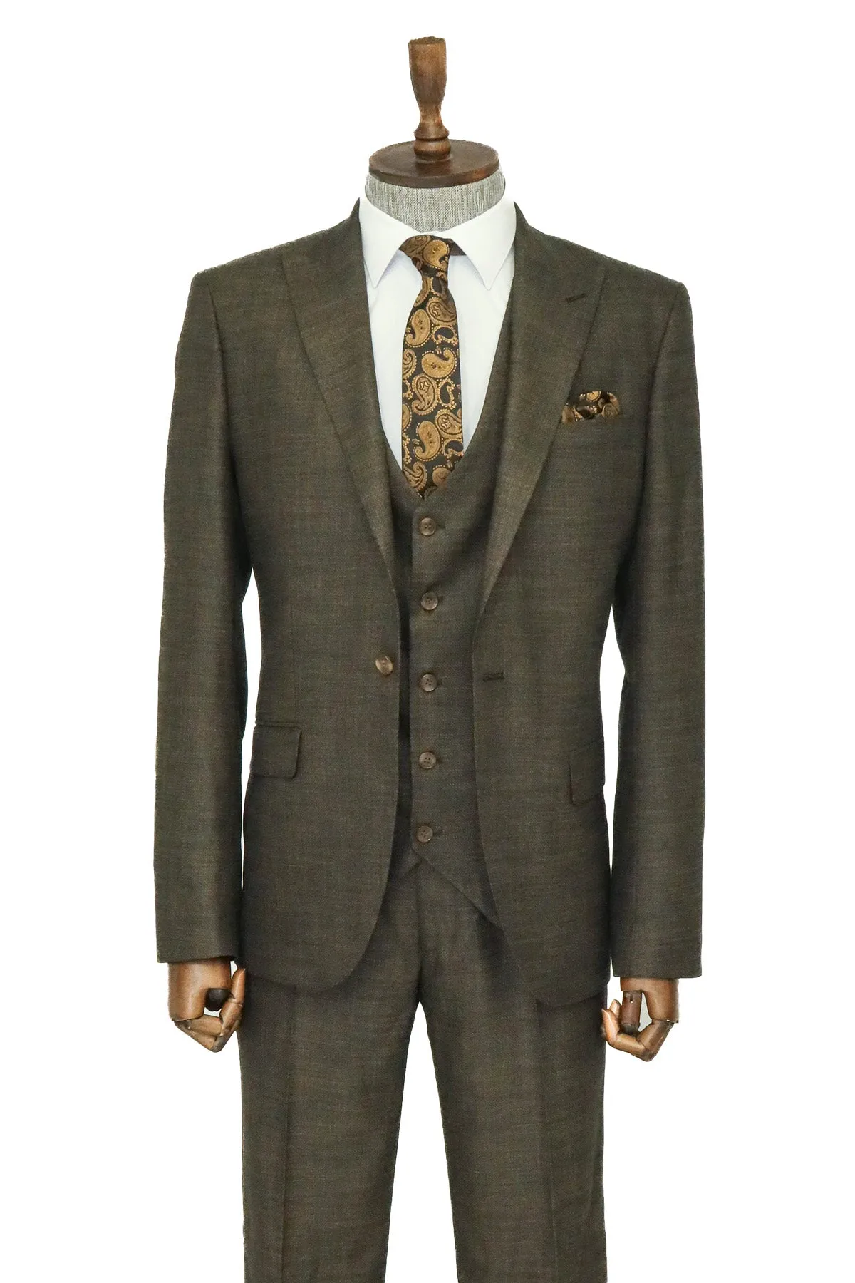 3 -Piece Single Button Peak Lapel Khaki Men Suit - Wessi sold by Wessi