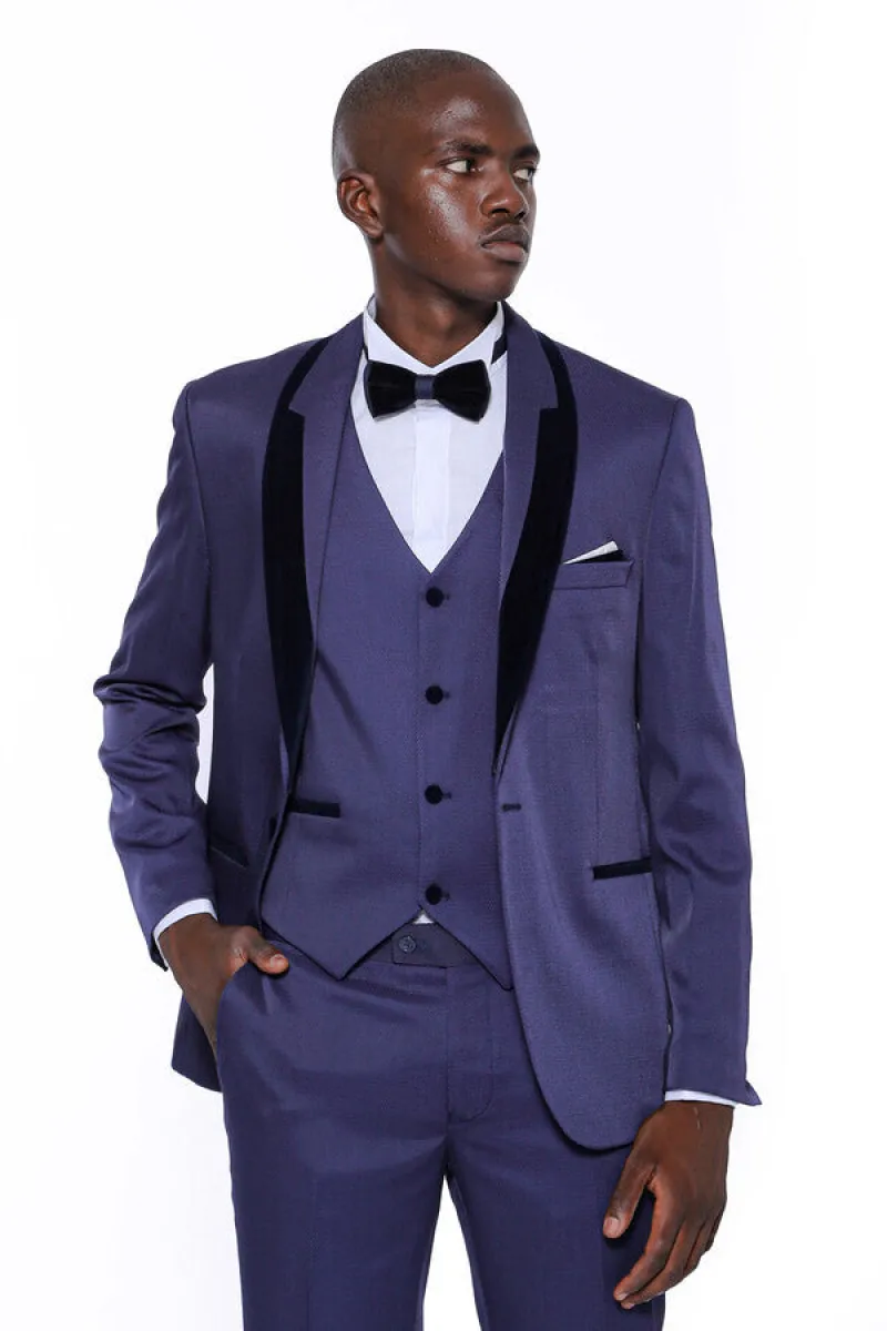 Patterned Navy Blue Velvet Lapel Tuxedo - Wessi sold by Wessi