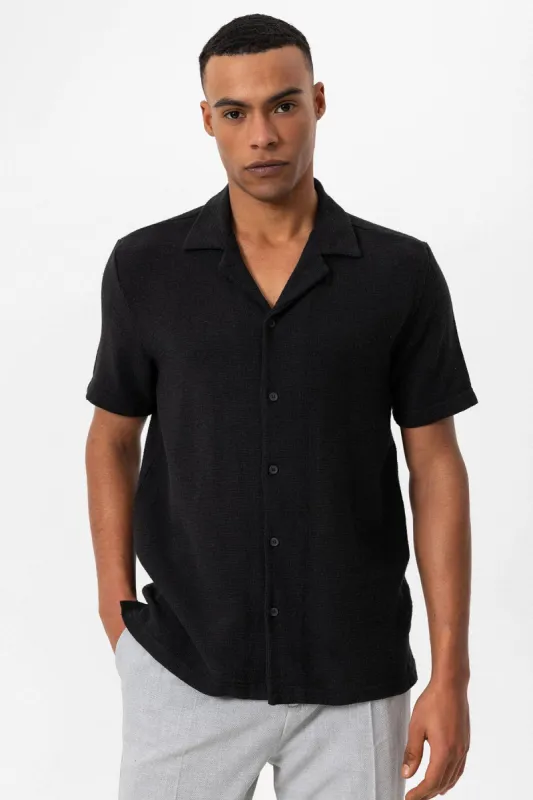 Black Camp Collar Knitted Textured Men's Shirt - Wessi sold by Wessi
