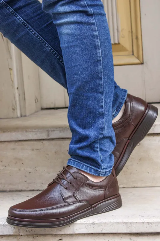 Men's Brown Orthopedic Leather Casual Lace-Up Comfort Shoes - Wessi sold by Wessi