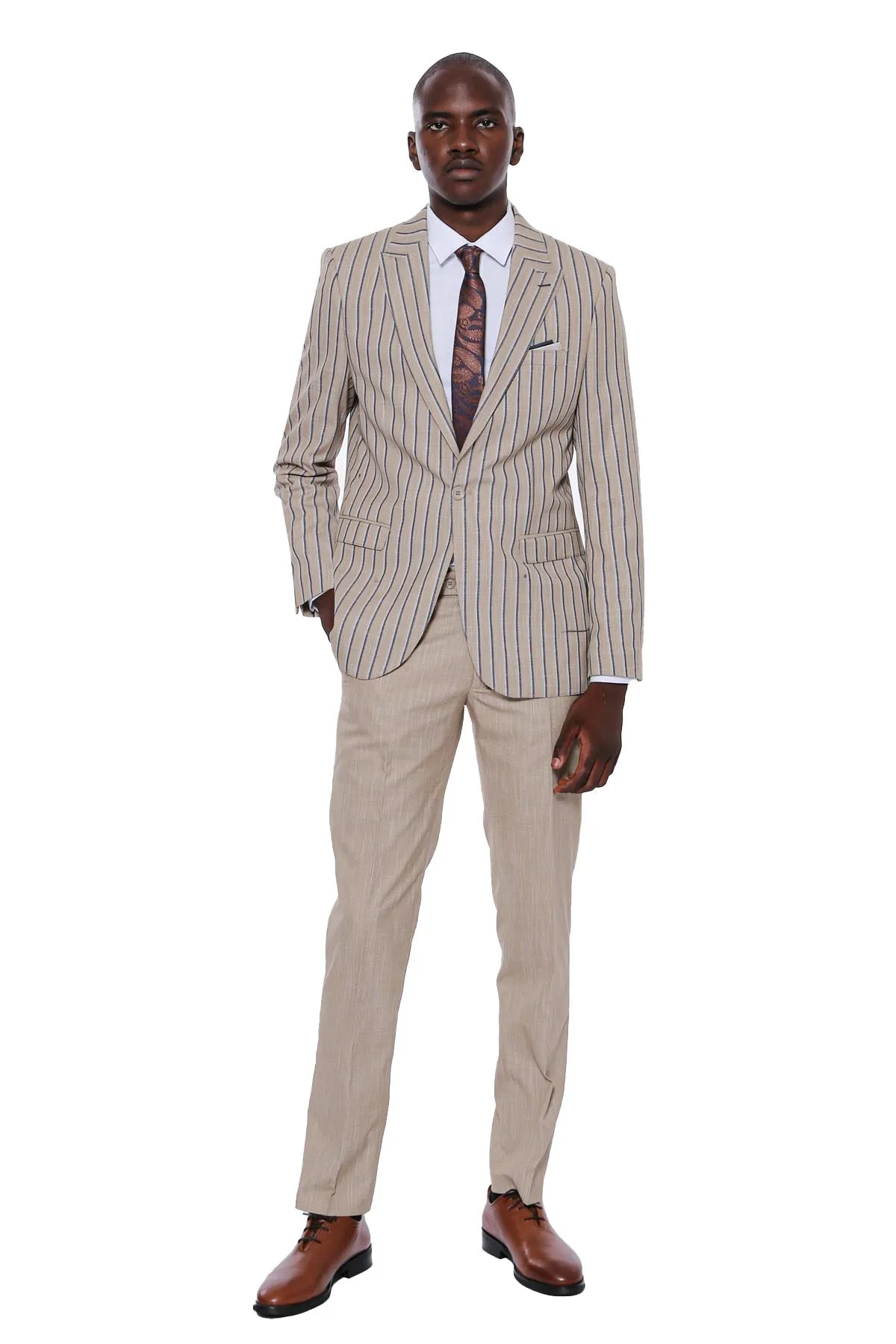 Striped Blazer Plain Pants Beige Men Suit - Wessi sold by Wessi product image thumbnail 2