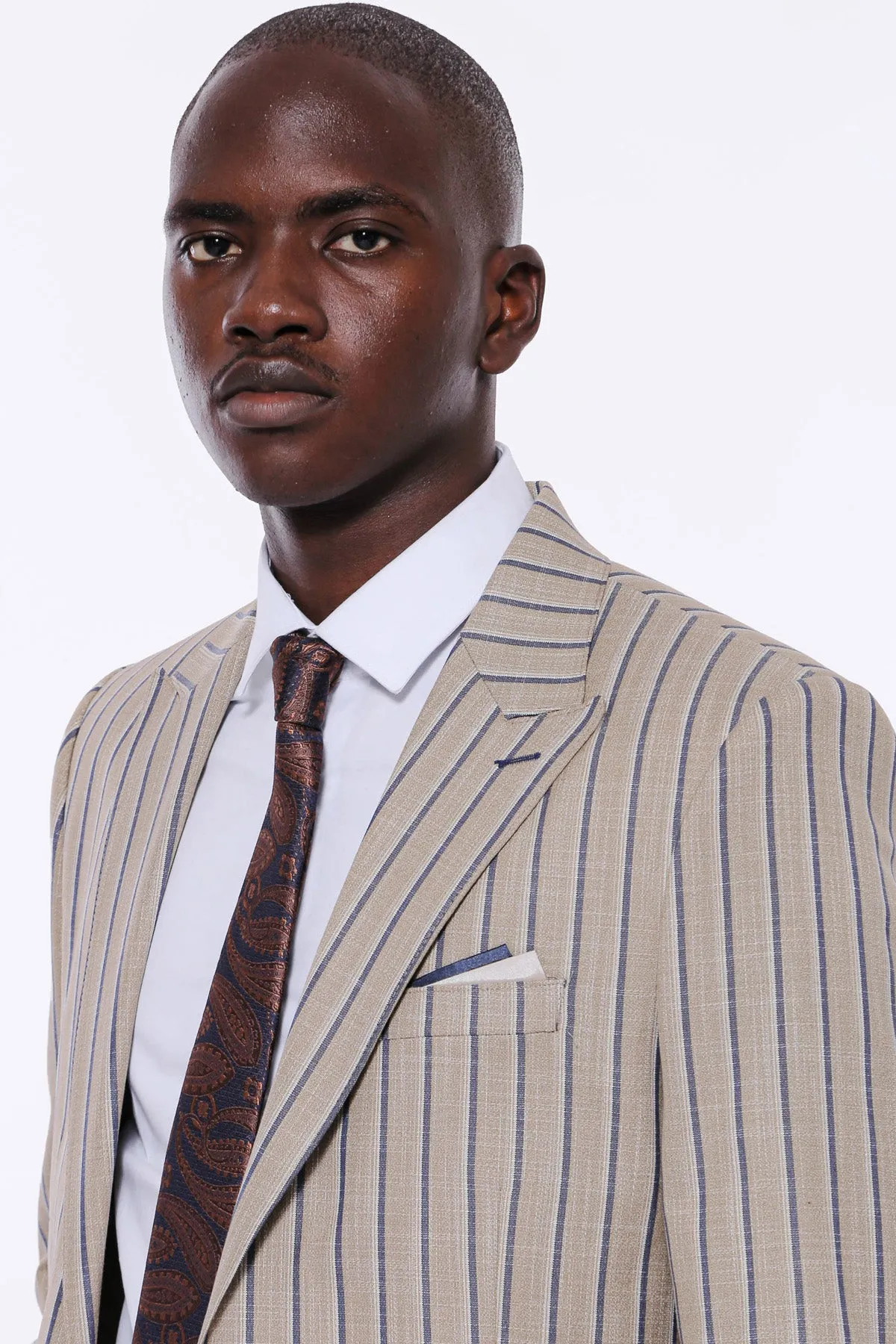 Striped Blazer Plain Pants Beige Men Suit - Wessi sold by Wessi product image thumbnail 3