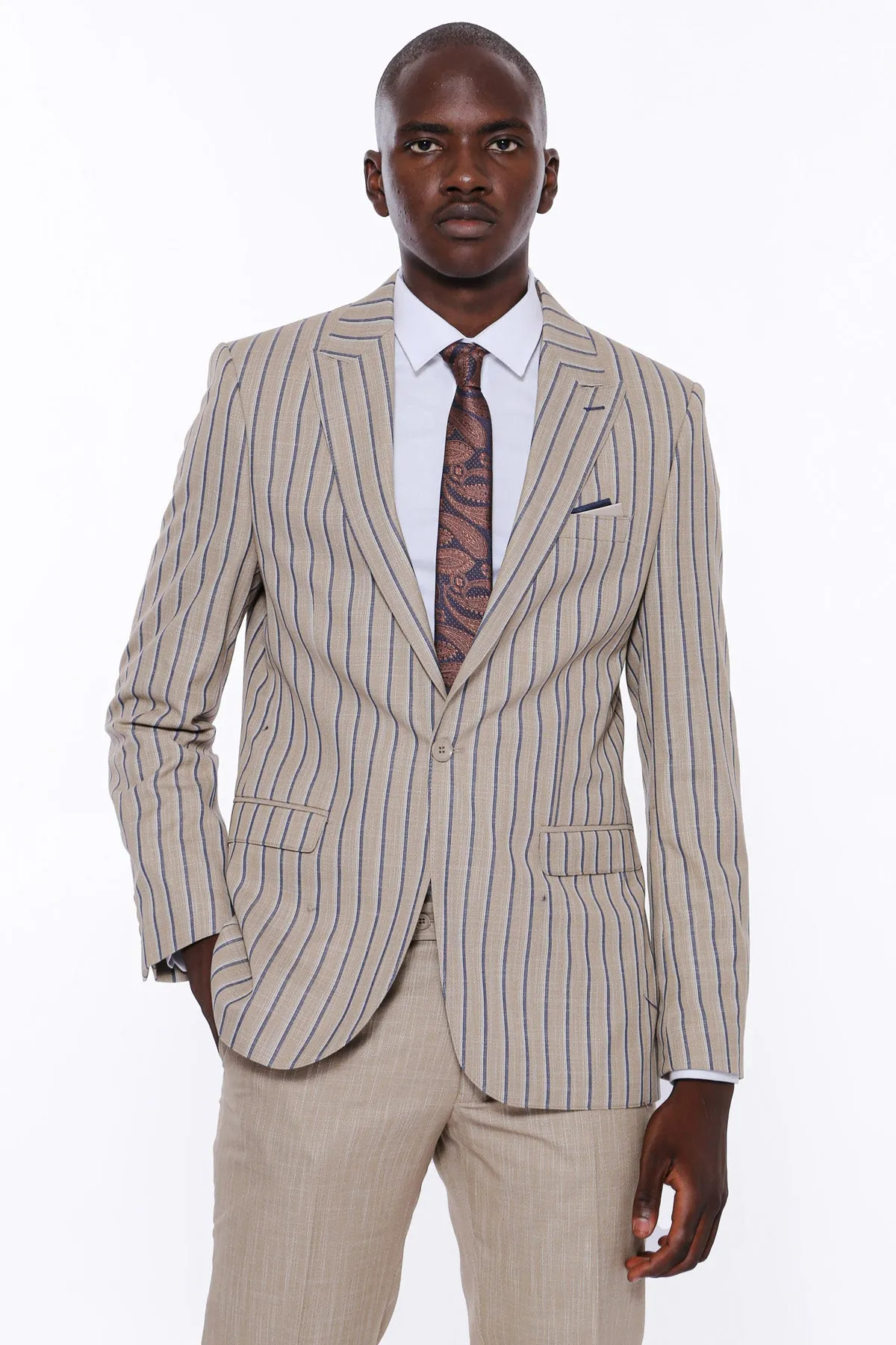 Striped Blazer Plain Pants Beige Men Suit - Wessi sold by Wessi product image thumbnail 5