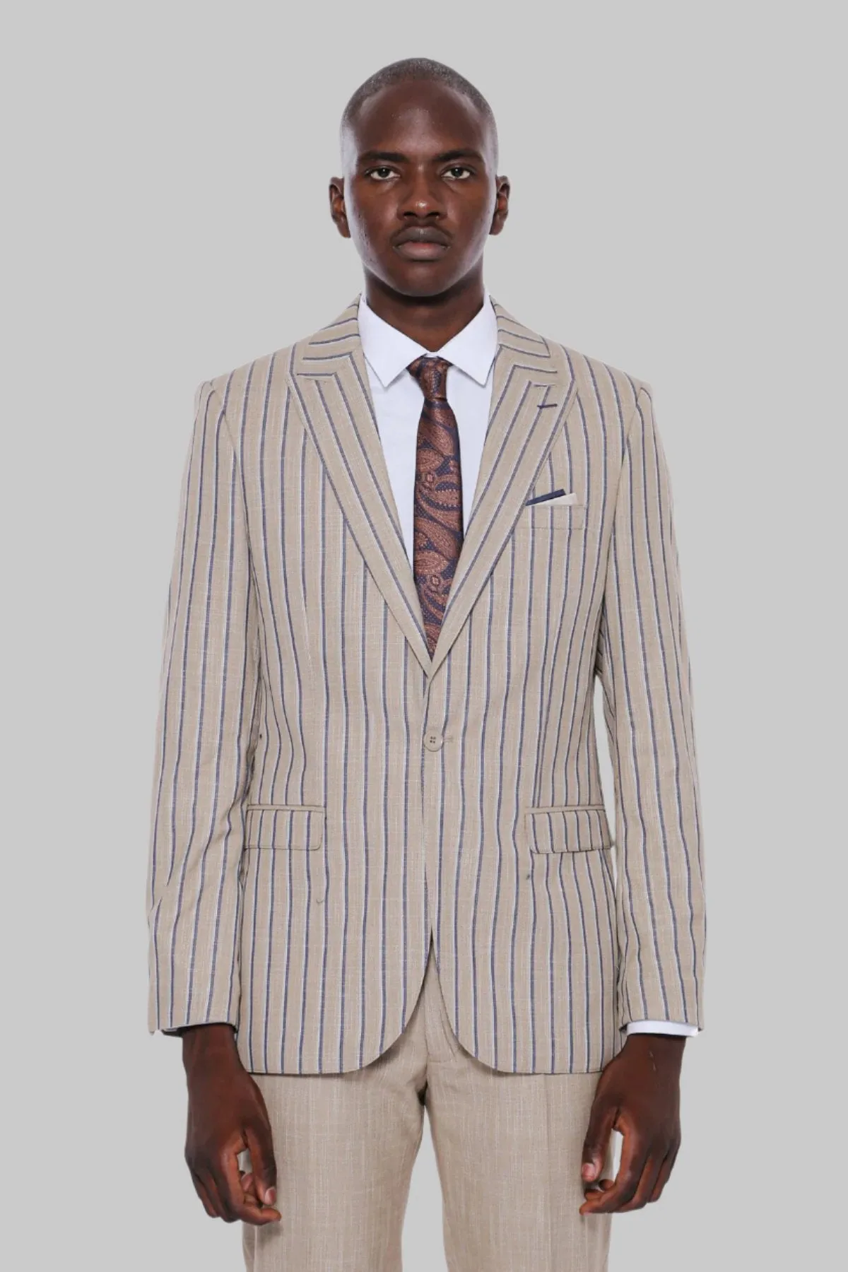 Striped Blazer Plain Pants Beige Men Suit - Wessi sold by Wessi