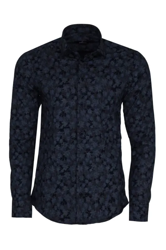 Bloom Patterned Dark Blue Slim Fir Shirt - Wessi sold by Wessi