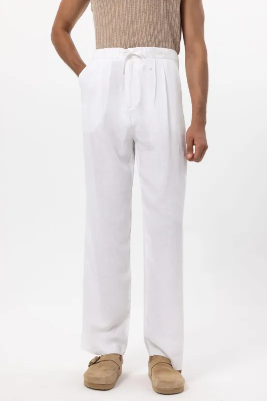 Men's White Belted Linen Blend Pants - Wessi sold by Wessi