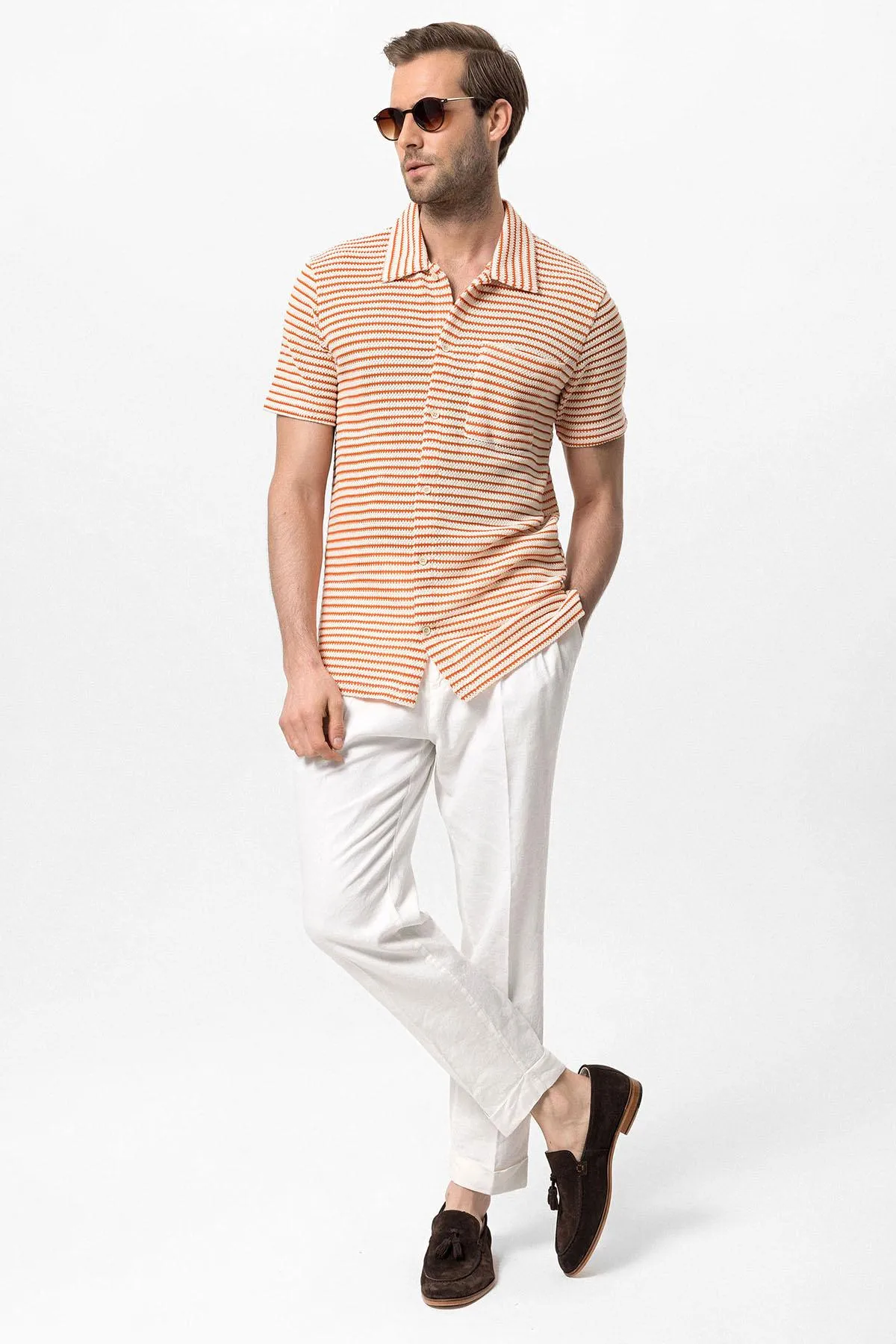 Orange Knitted Striped Short Sleeve Men's Shirt - Wessi sold by Wessi product image thumbnail 4