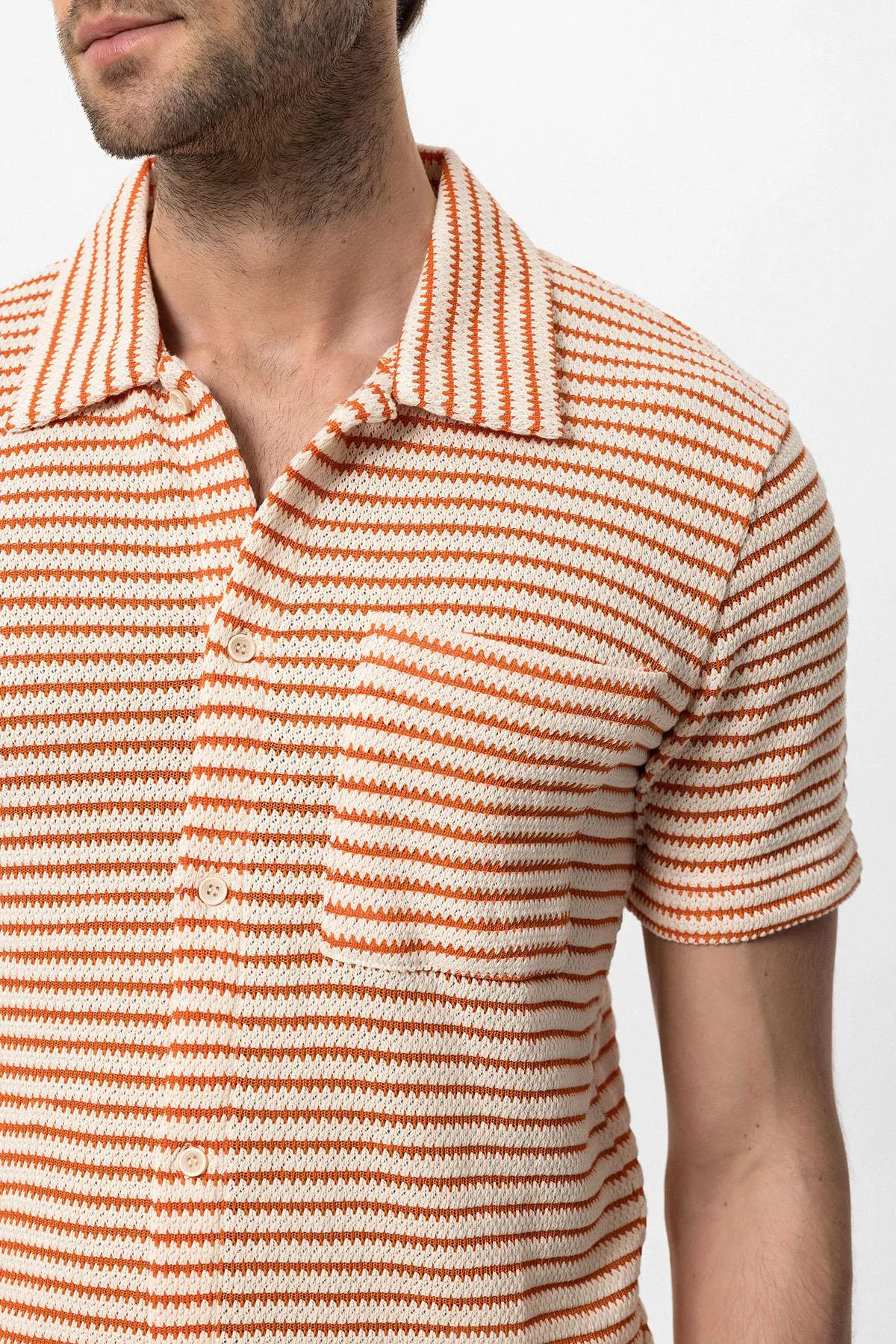 Orange Knitted Striped Short Sleeve Men's Shirt - Wessi sold by Wessi product image thumbnail 5
