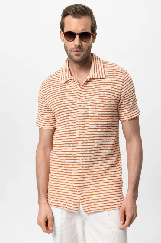 Orange Knitted Striped Short Sleeve Men's Shirt - Wessi sold by Wessi