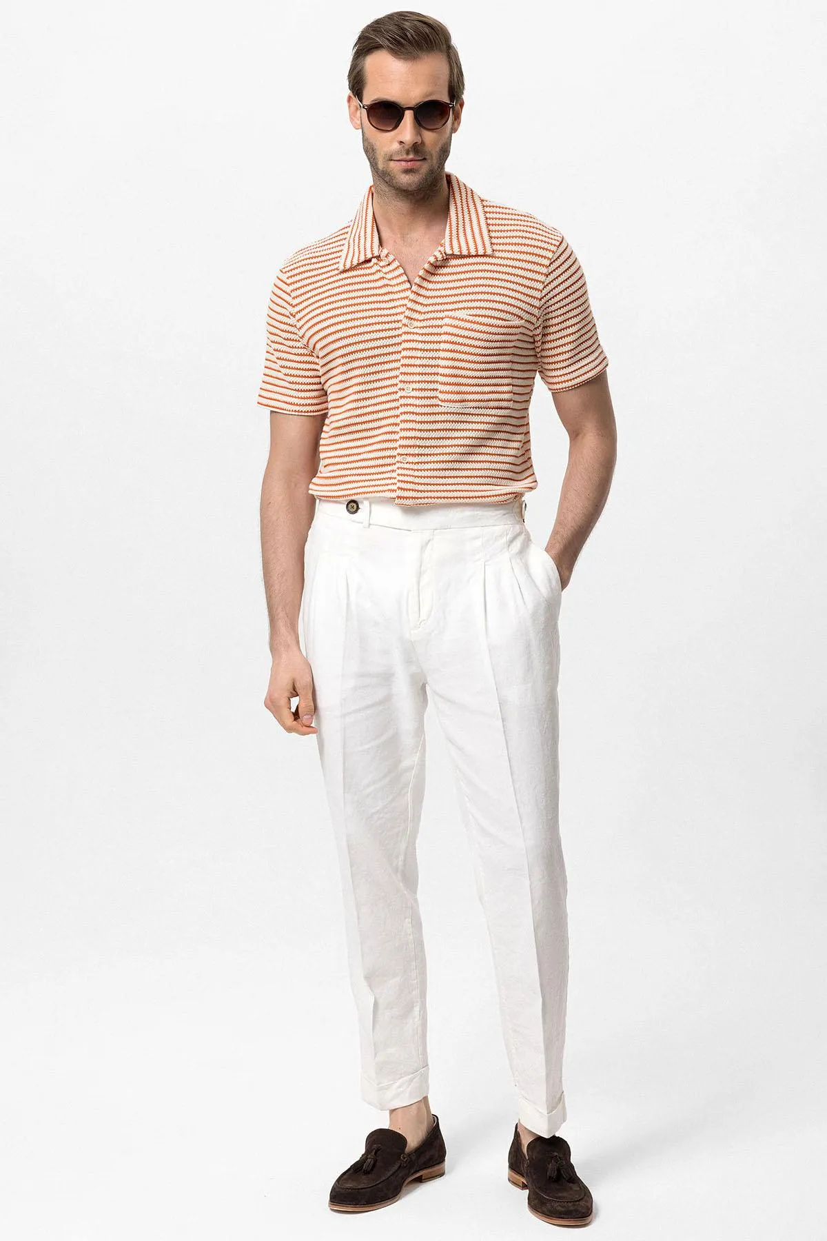 Orange Knitted Striped Short Sleeve Men's Shirt - Wessi sold by Wessi product image thumbnail 3