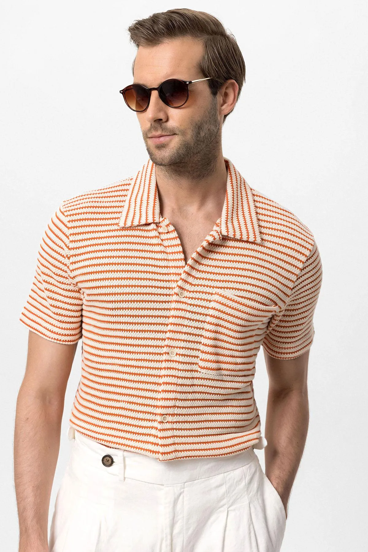 Orange Knitted Striped Short Sleeve Men's Shirt - Wessi sold by Wessi product image thumbnail 2