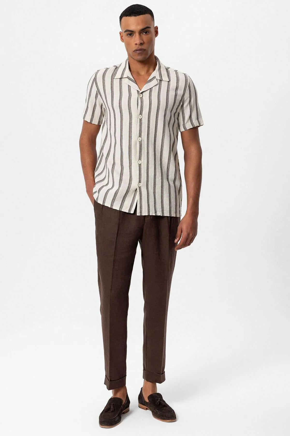 Men's Brown Striped Camp Collar Shirt - Wessi sold by Wessi product image thumbnail 3