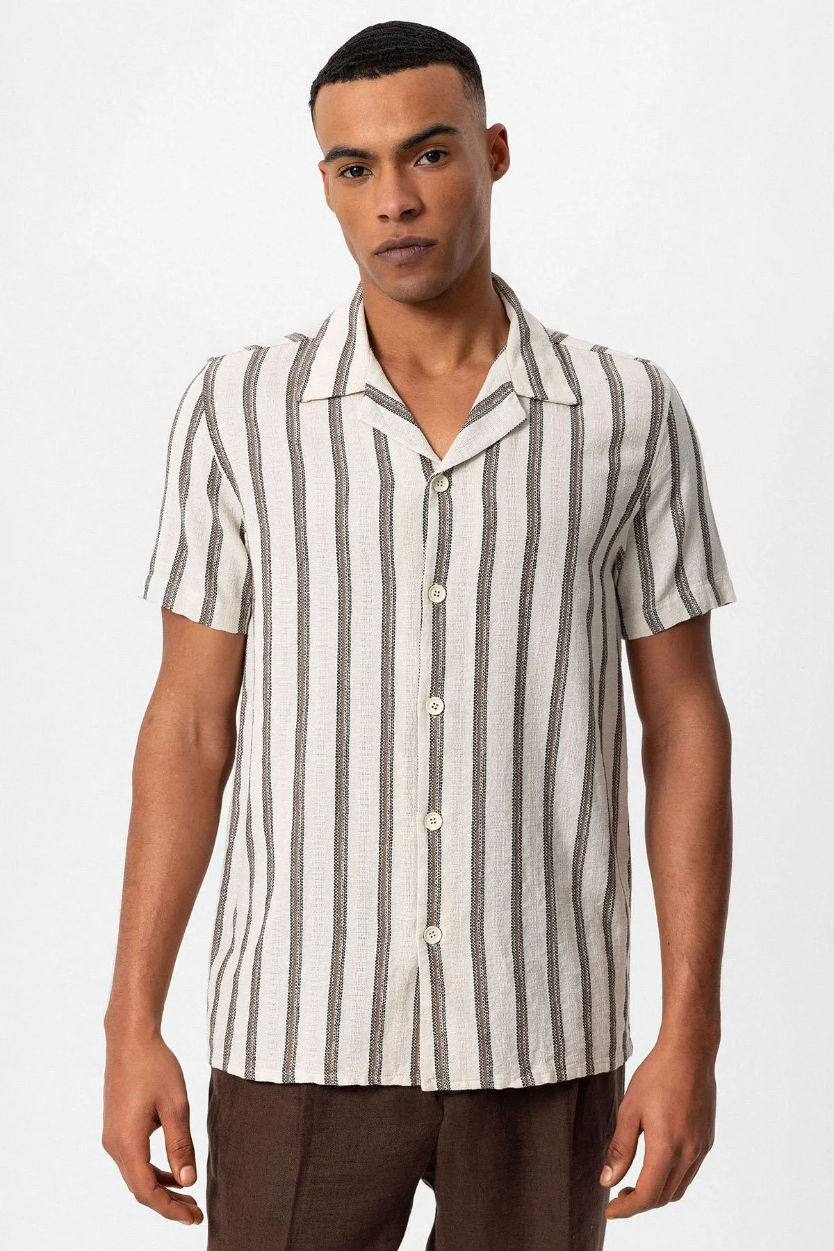 Men's Brown Striped Camp Collar Shirt - Wessi sold by Wessi
