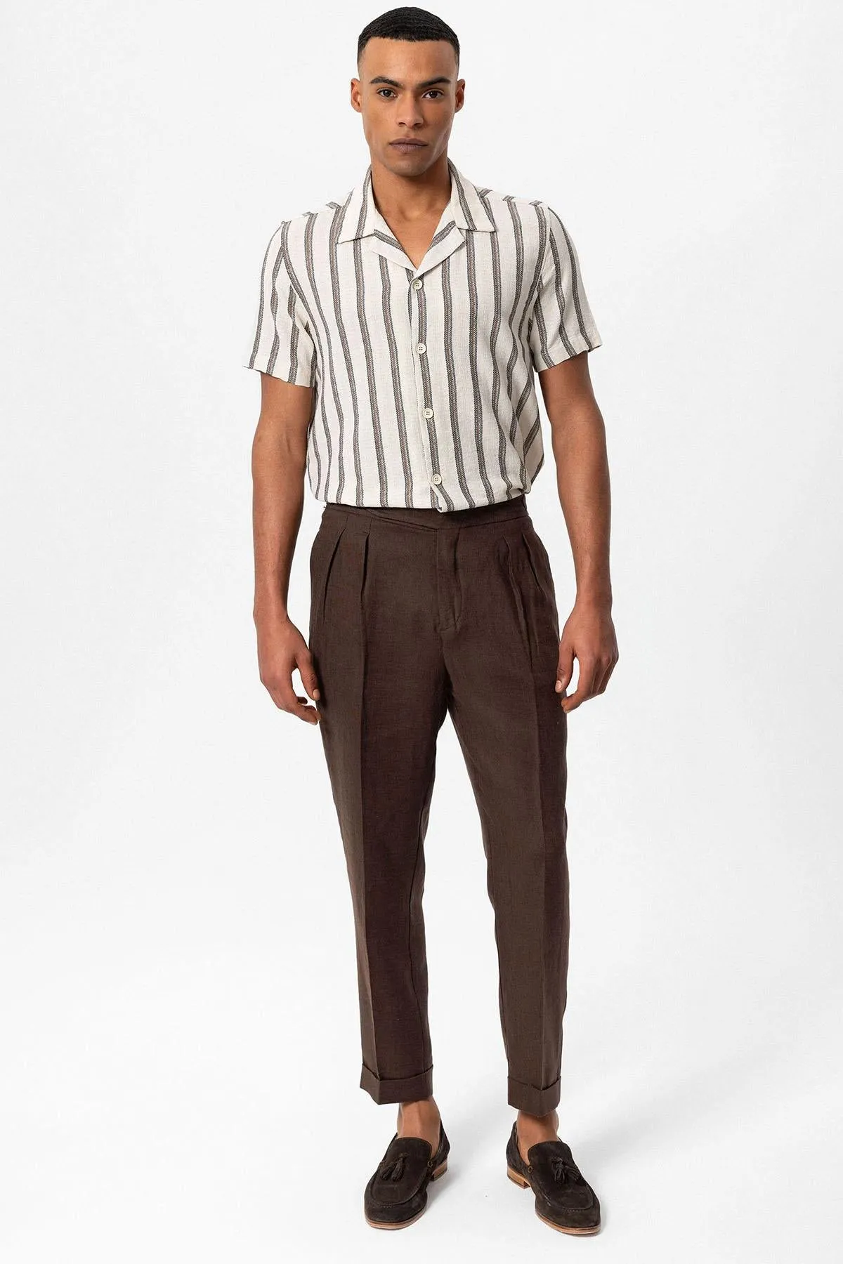 Men's Brown Striped Camp Collar Shirt - Wessi sold by Wessi product image thumbnail 2