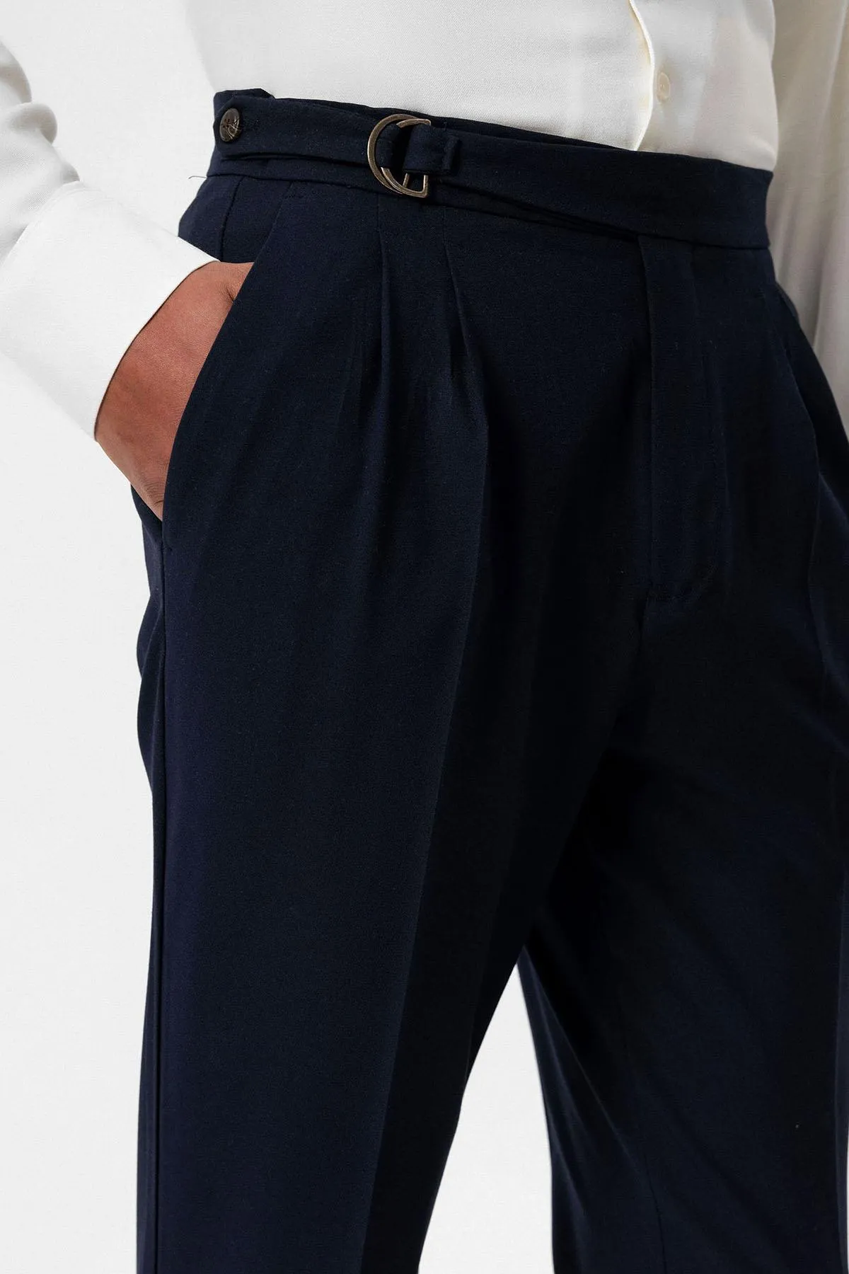 Dark Navy Blue High Waist Buckle Closure Pleated Men's Trousers - Wessi sold by Wessi product image thumbnail 3
