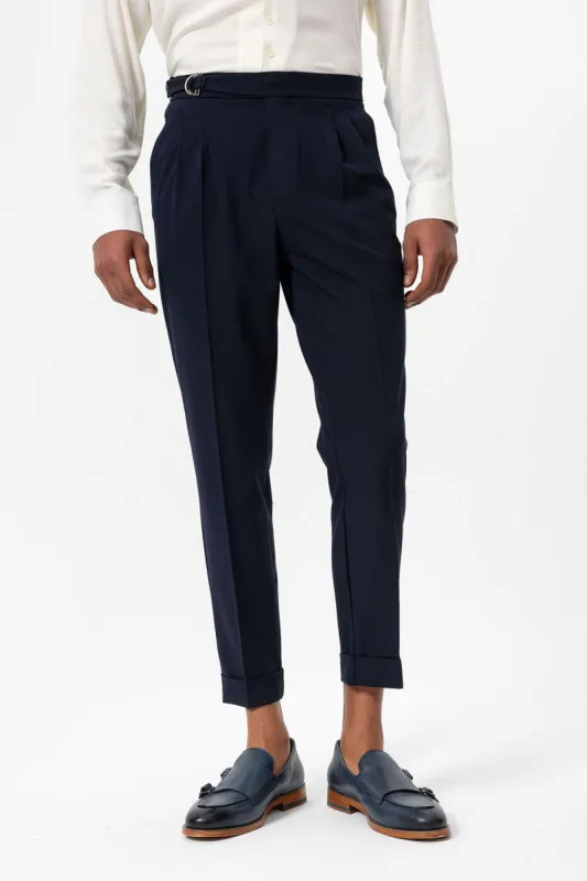 Dark Navy Blue High Waist Buckle Closure Pleated Men's Trousers - Wessi sold by Wessi