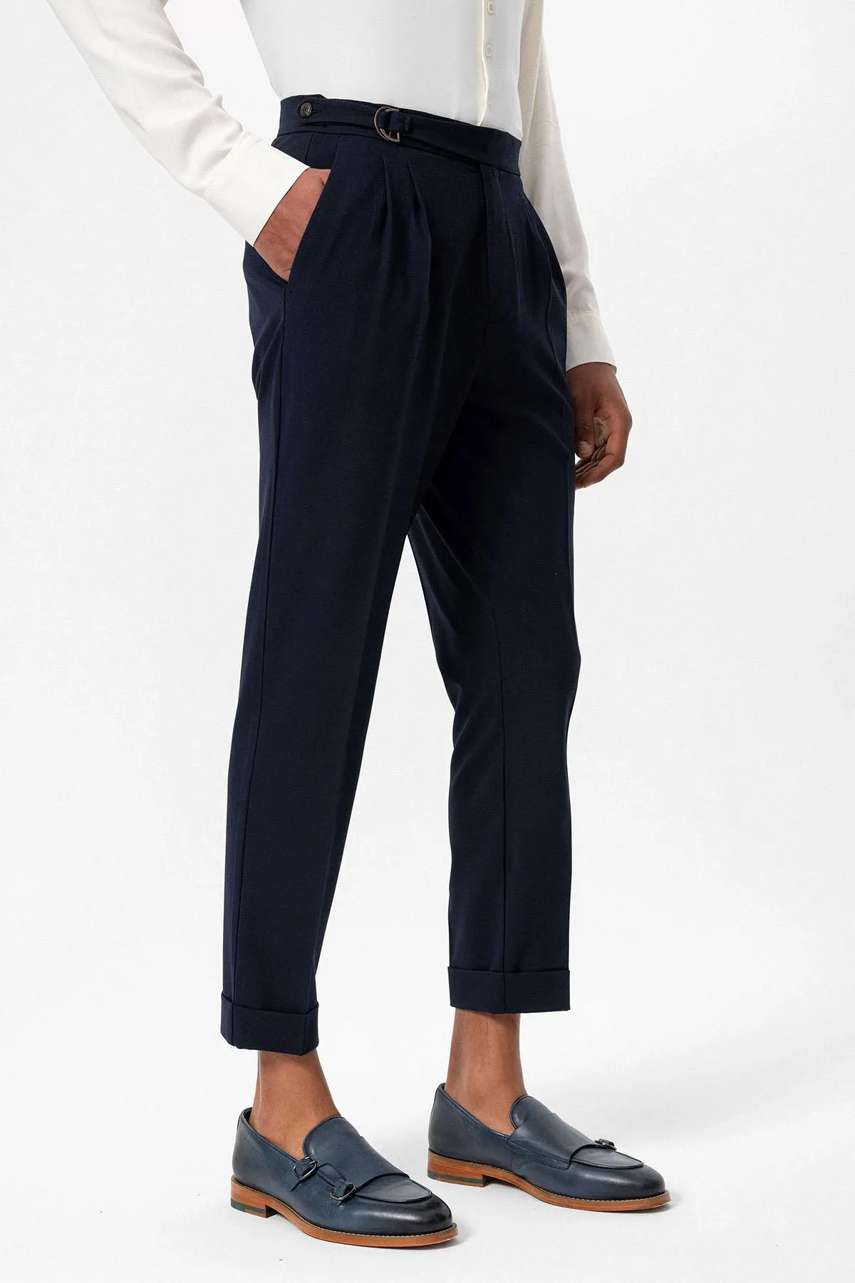 Dark Navy Blue High Waist Buckle Closure Pleated Men's Trousers - Wessi sold by Wessi product image thumbnail 2