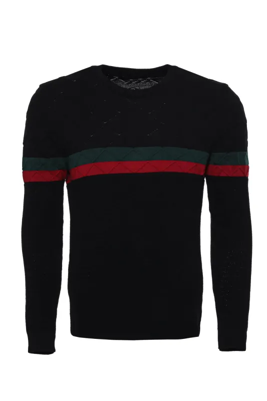 Crew Neck Knitwear Chest Striped Over Black - Wessi sold by Wessi