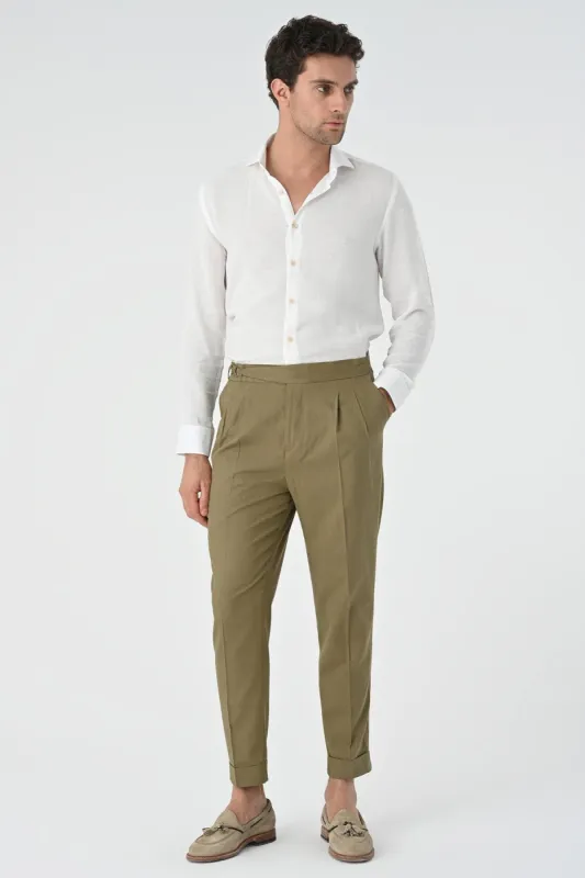 Men's Light Khaki High-Waist Linen Blend Pleated Pants - Wessi sold by Wessi