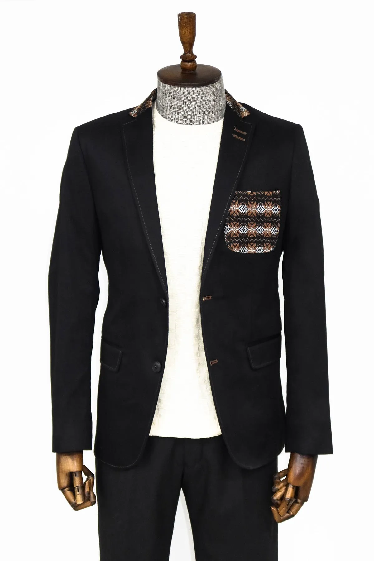 Double Buttons Knit Collar Mono Lapel Black Jacket-Wessi sold by Wessi