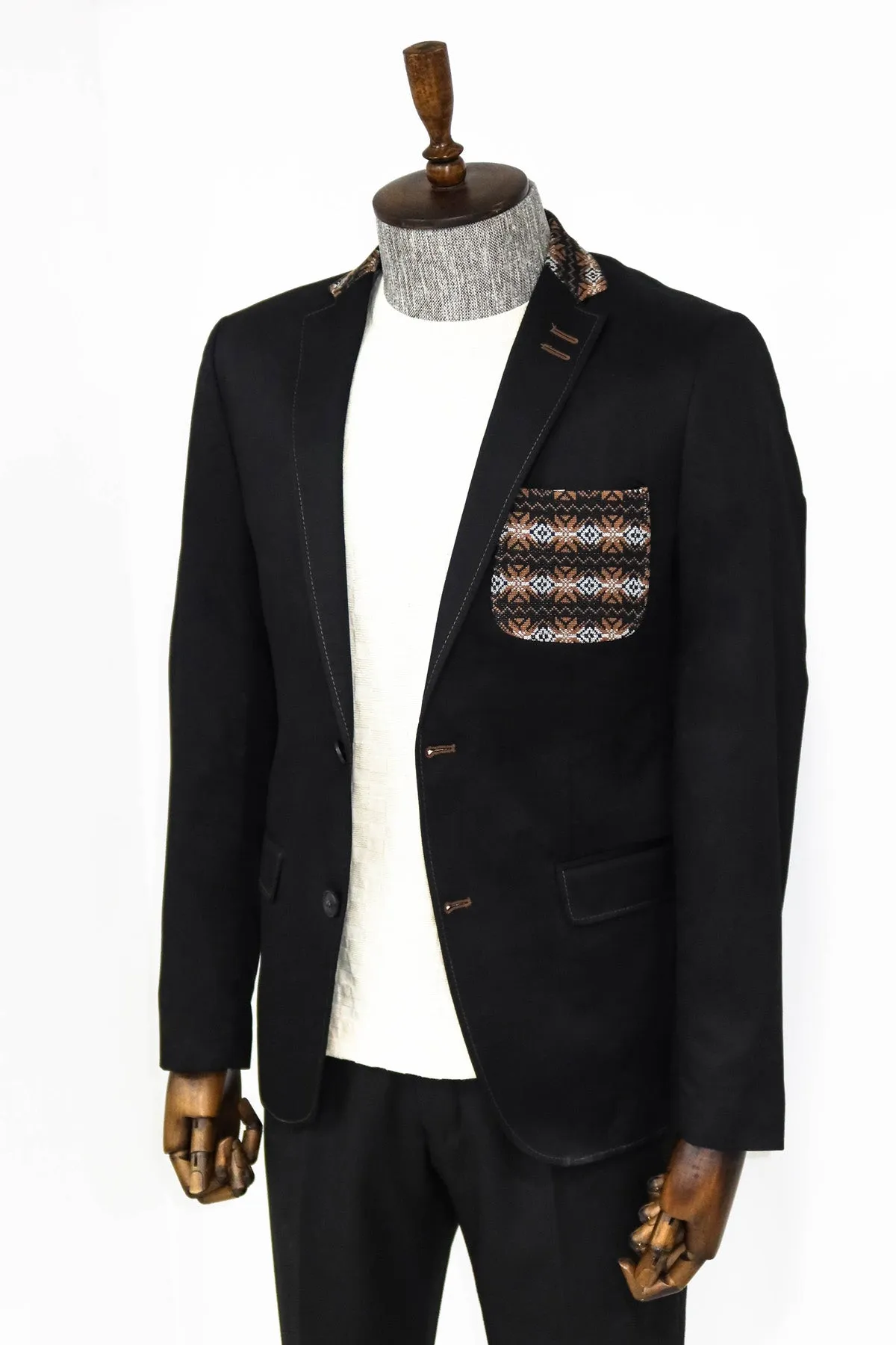 Double Buttons Knit Collar Mono Lapel Black Jacket-Wessi sold by Wessi product image thumbnail 3