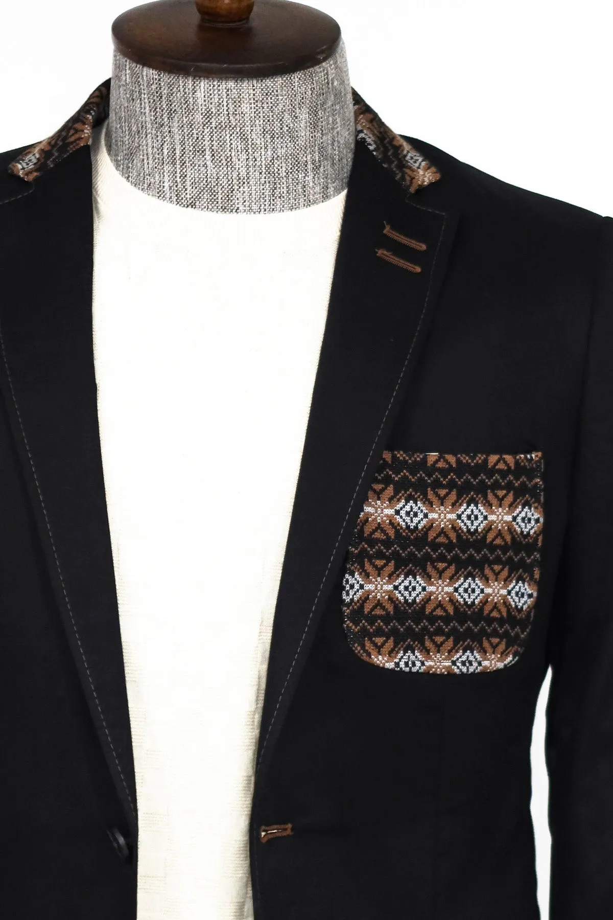 Double Buttons Knit Collar Mono Lapel Black Jacket-Wessi sold by Wessi product image thumbnail 2