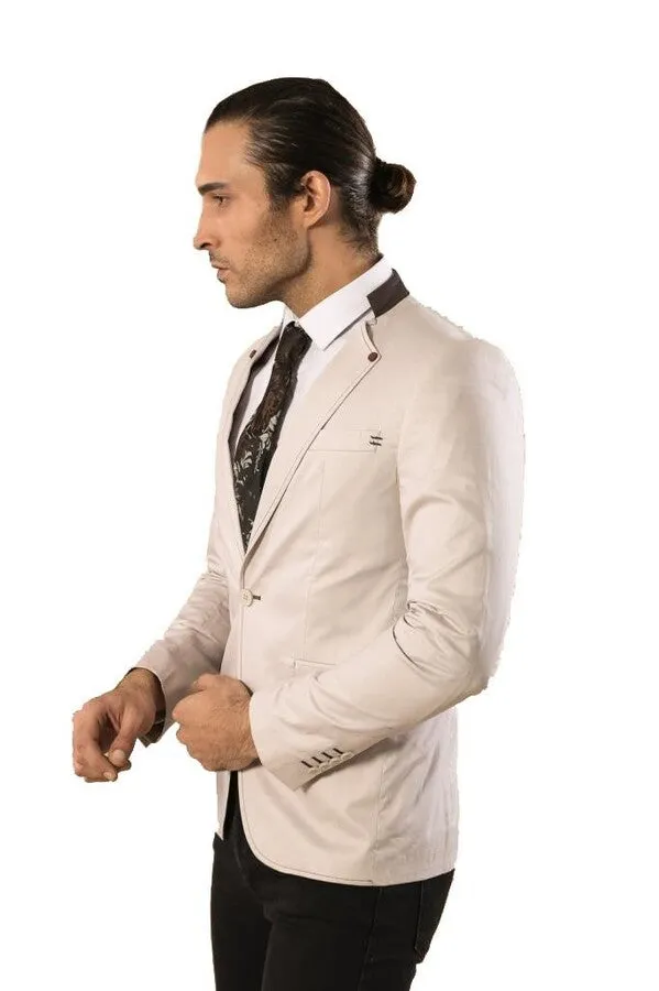 Single Button Standing Collar Cream Men Blazer - Wessi sold by Wessi