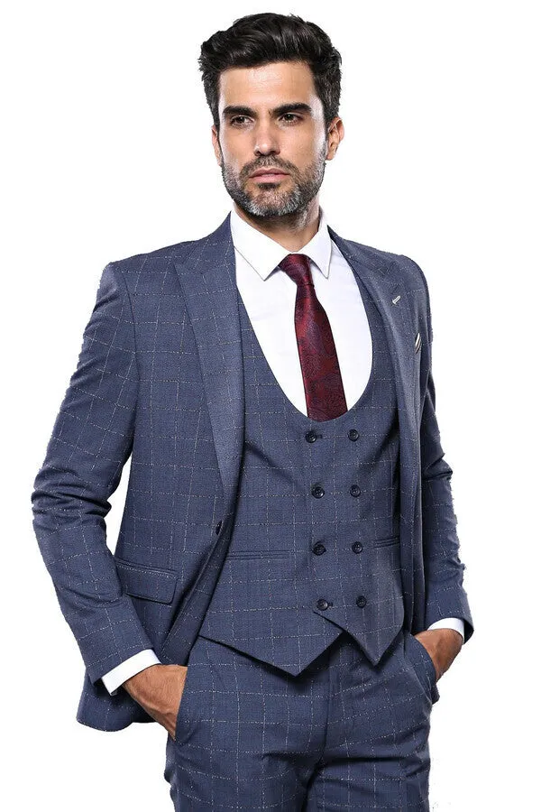Dark Blue Vested Checked Men Suit | Wessi sold by Wessi