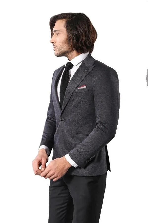 Single Button Double Vent Pointed Collar Navy Blue Blazer - Wessi sold by Wessi