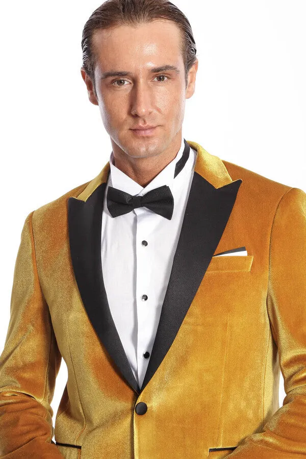 Velvet Slim Fit Yellow Men Tuxedo Jacket - Wessi sold by Wessi product image thumbnail 3