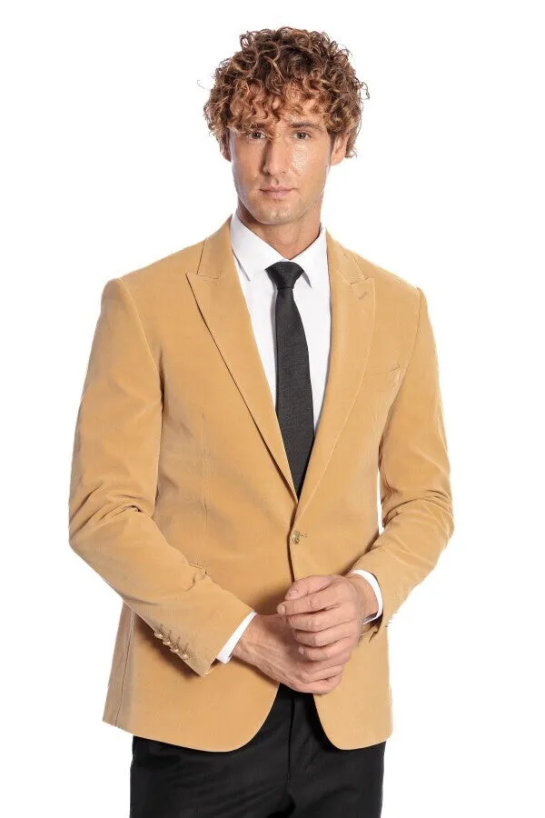 Wide Lapel Velvet Apricot Men Blazer - Wessi sold by Wessi