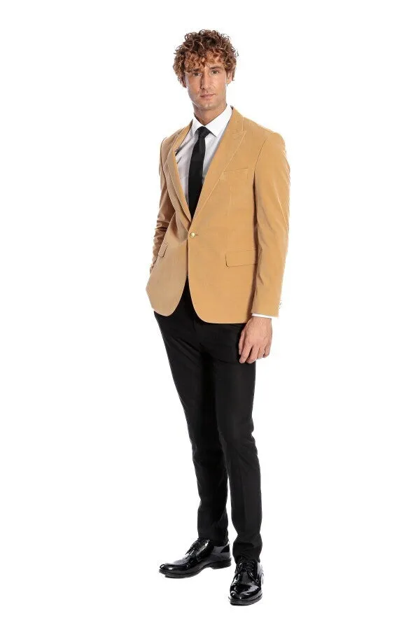 Wide Lapel Velvet Apricot Men Blazer - Wessi sold by Wessi product image thumbnail 3