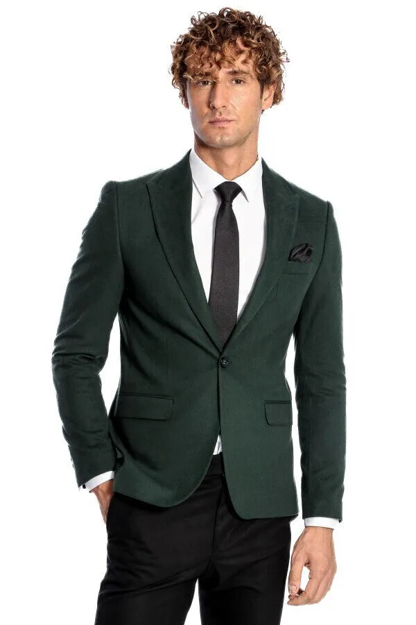 Peak Lapel Single Button Plain Green Men Blazer - Wessi sold by Wessi
