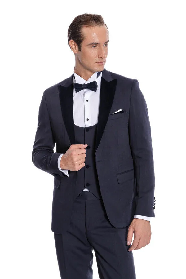 Velvet Lapel Slim Fit Navy Blue Men Tuxedo - Wessi sold by Wessi