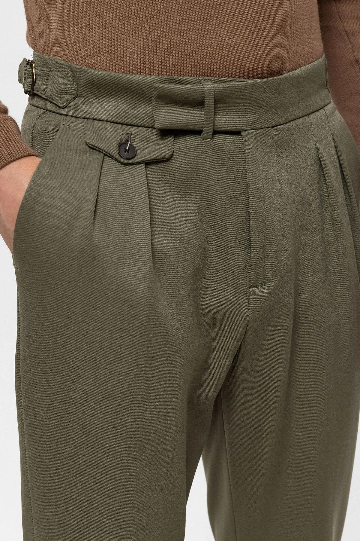 Men's Khaki High Waist Pleated  Trousers - Wessi sold by Wessi product image thumbnail 5